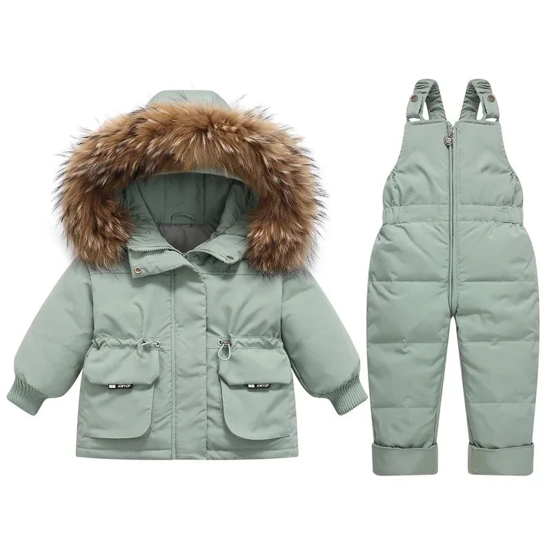 -30 Degree Down Jacket Jumpsuit Winter Overall for Children Clothes Set Baby Boy Parka Real Fur Girl Toddler Thick Warm Snowsuit