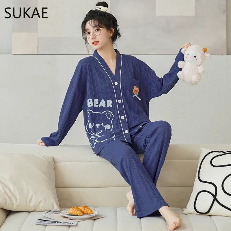 SUKAE New M-5XL Autumn Winter New Cotton Women Pajamas Lady Loungewear Kimono Cardigan Long Sleeves V-neck Homesuit