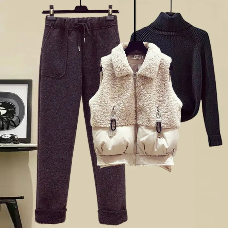 Autumn and Winter Women's Suit Lamb Wool Vest Thickened Cashmere Sweater High Waist Casual Woolen Trousers Three Piece Set