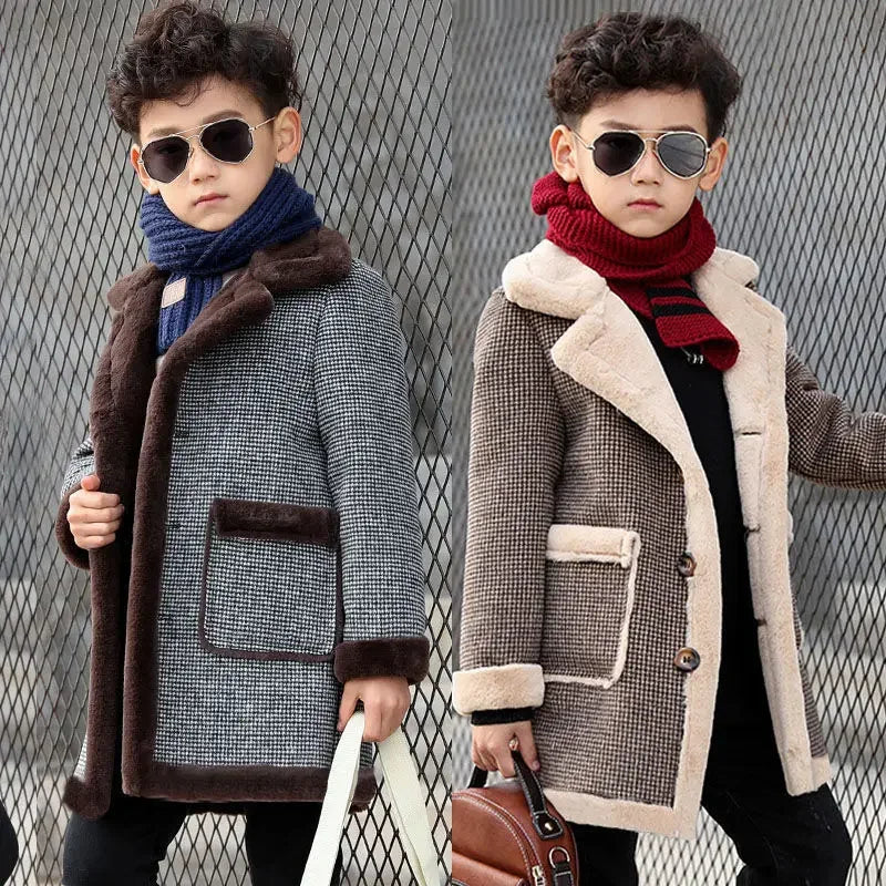 2025 Children Casual Woolen Coat Fall Winter Boys Handsome Plush Velvet Heavy Outerwear Clothes Kids Splicing Pocket Trench Coat