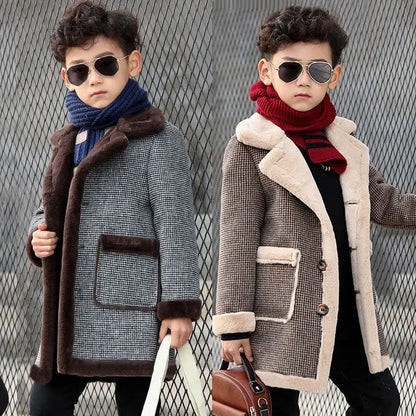 2025 Children Casual Woolen Coat Fall Winter Boys Handsome Plush Velvet Heavy Outerwear Clothes Kids Splicing Pocket Trench Coat