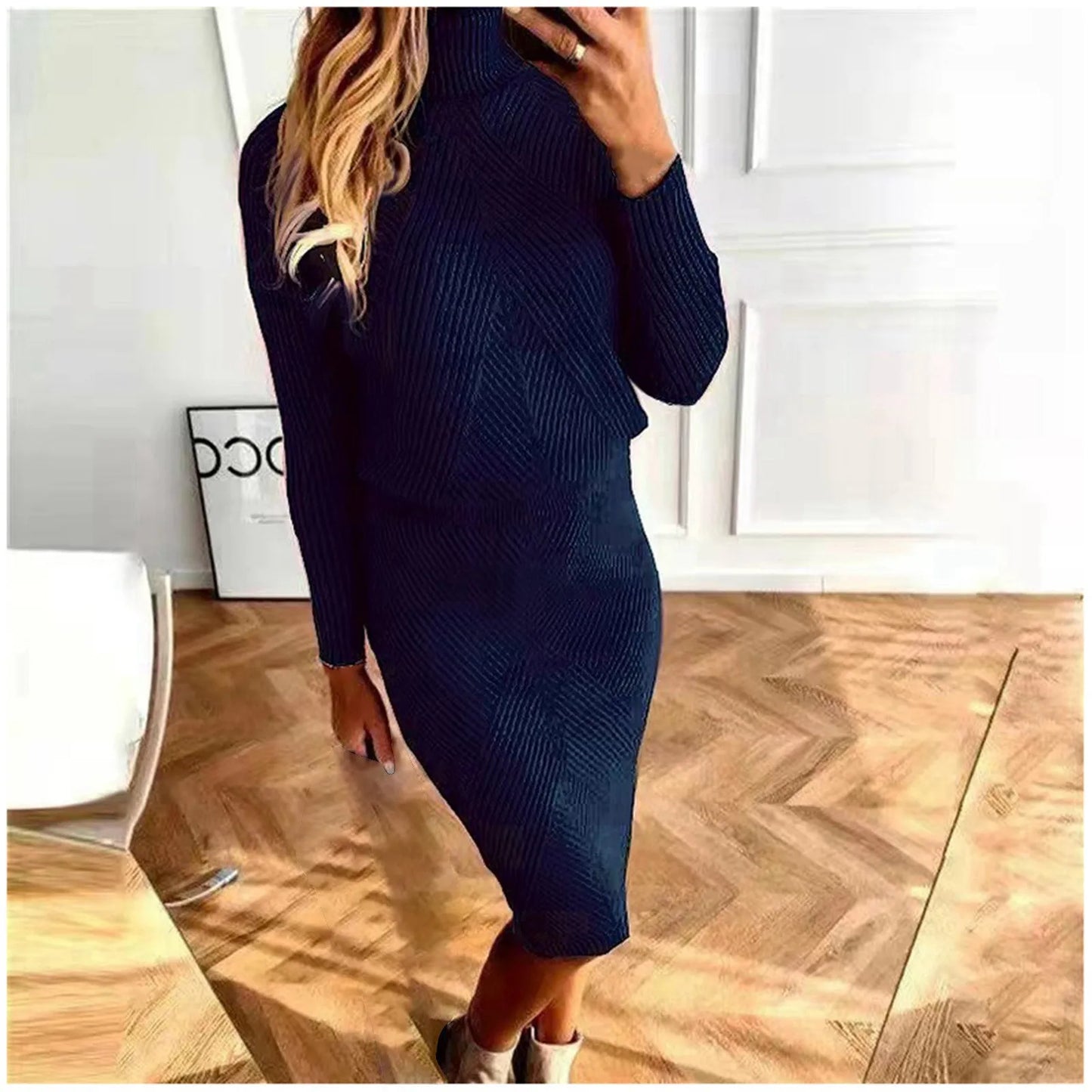 Winter Elegant Women'S Sets Korean Large Knitted Turtleneck Y2k Pencil Skirt Sets 2 Piece Outfit Office New In Matching Sets