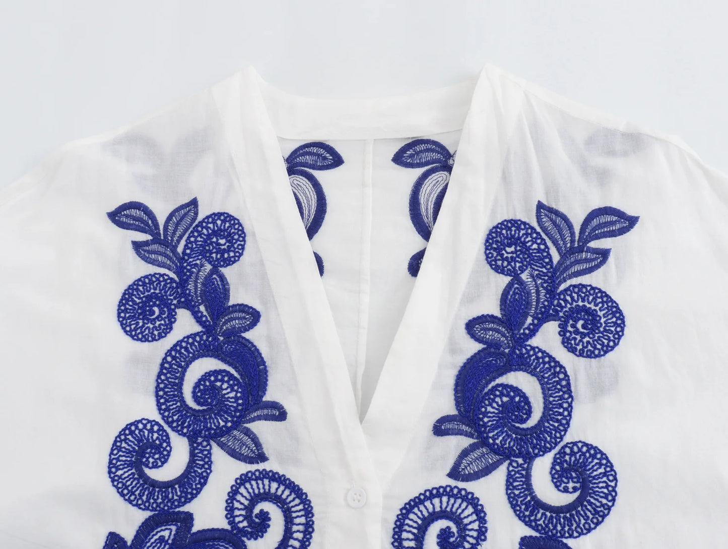 Jenny&Dave Vintage Blue Embroidered V-neck Moroccan Bohemian Blouse Women Top Summer Fashion Ladies Loose Shirt