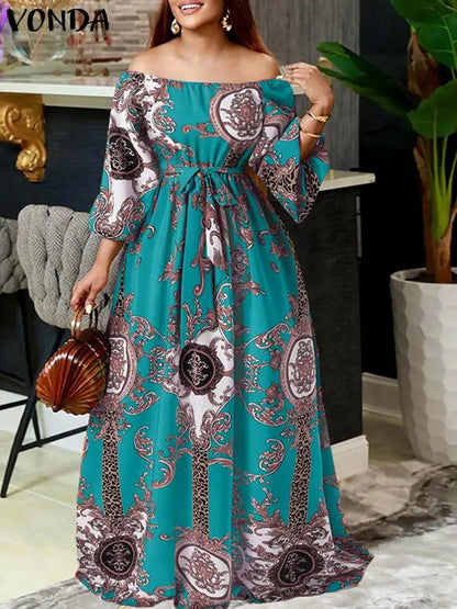 VONDA Women Printed Party Dress 2024 Sexy Off Shoulder Long Lantern Sleeve Bohemian Sundress Belted Vintage Maxi Robe Oversized