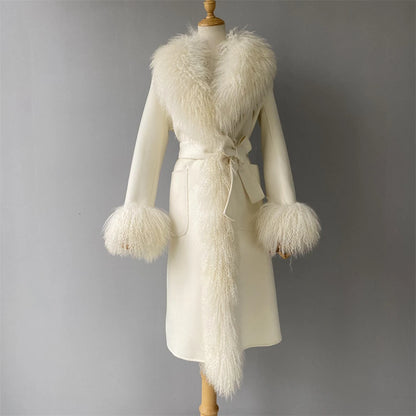 Women Mongolian Sheep Fur Coat Long Style Cashmere Jacket With Real Fur Trim Lady Autumn Winter Fashion Warm Outerwear