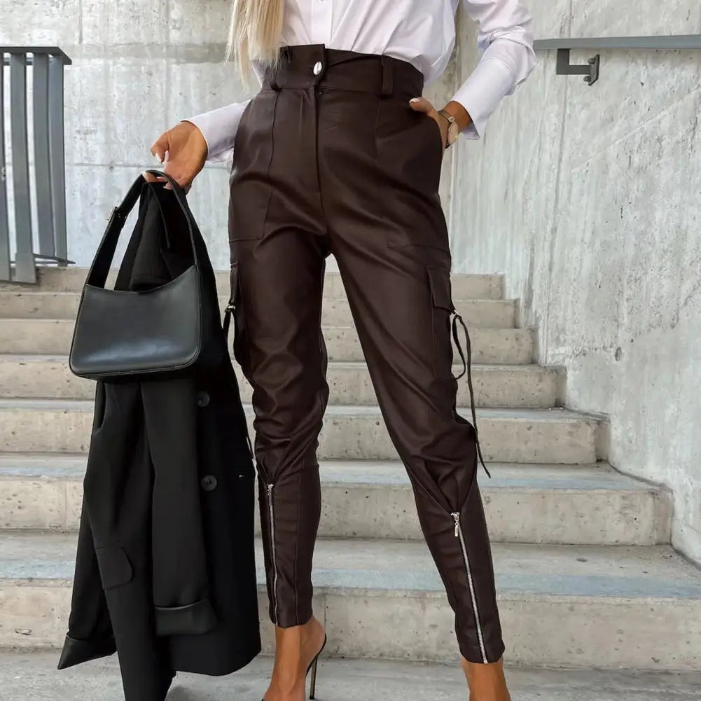 Women's Leather Pants Multi Pockets Women PU Leather Pants High Waist Skinny Push Up Leggings Pencil Pants Long Trousers