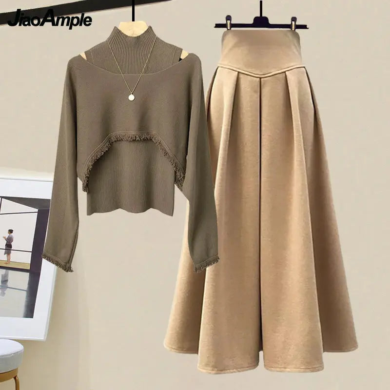 2025 Spring Autumn New Korean Elegant Knit Tassel Cover Up+Half High Collar Bottom Sweater+Midi Skirt 3 Piece Women Dress Suit