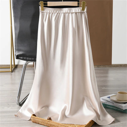 Solid Satin Long Skirts for Women Spring Summer Casual All-match Big Hem A Line Skirts High Waist Maxi Skirt Female Clothes