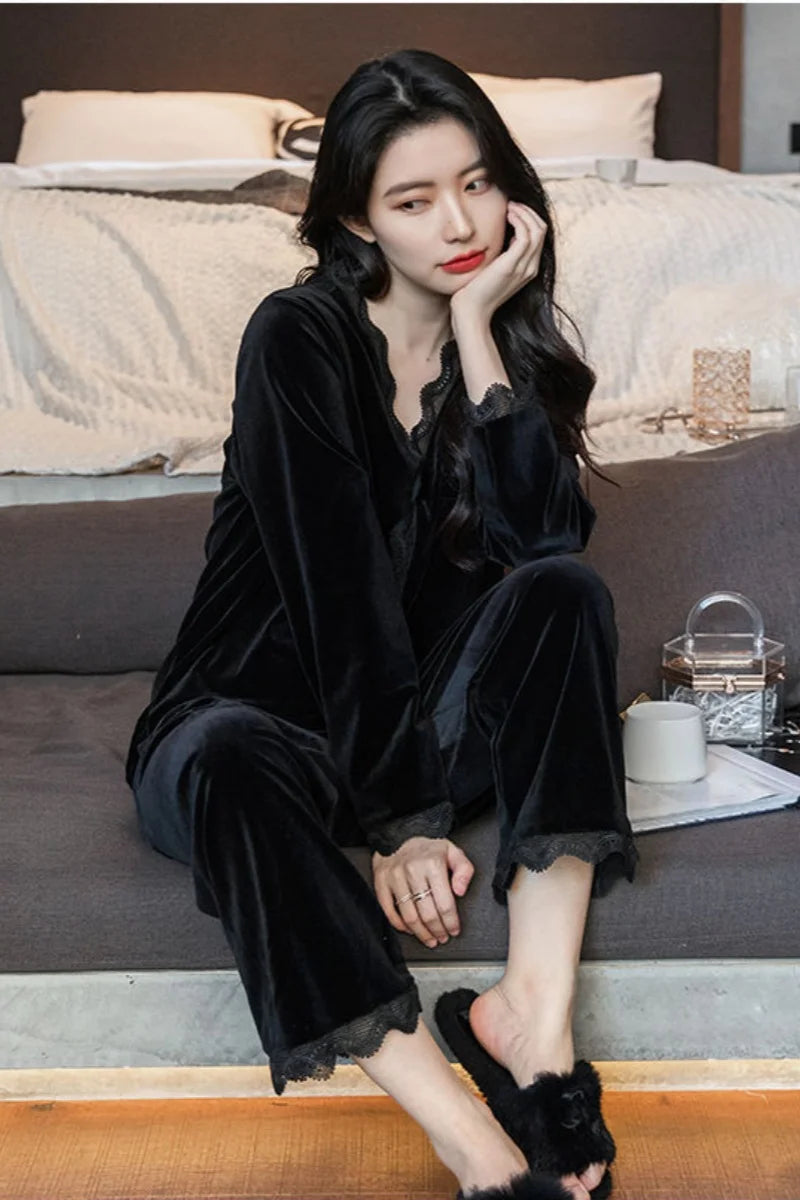 Womens Velvet Pajamas Set Long Sleeve Button Up Sleepwear Soft 2 Piece Loungewear Pj Set Lace Ruffles Autumn Winter Spring