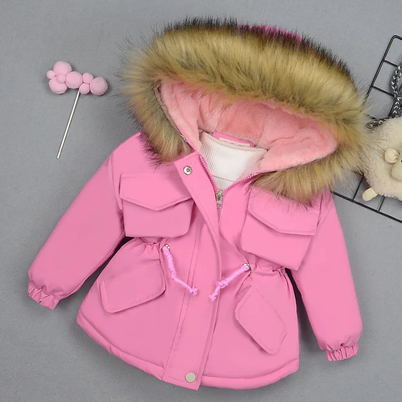 Kids Girl Jacket Big Fur Warm Toddler Children's winter cotton padded clothes girls thickened Hooded cotton padded coat