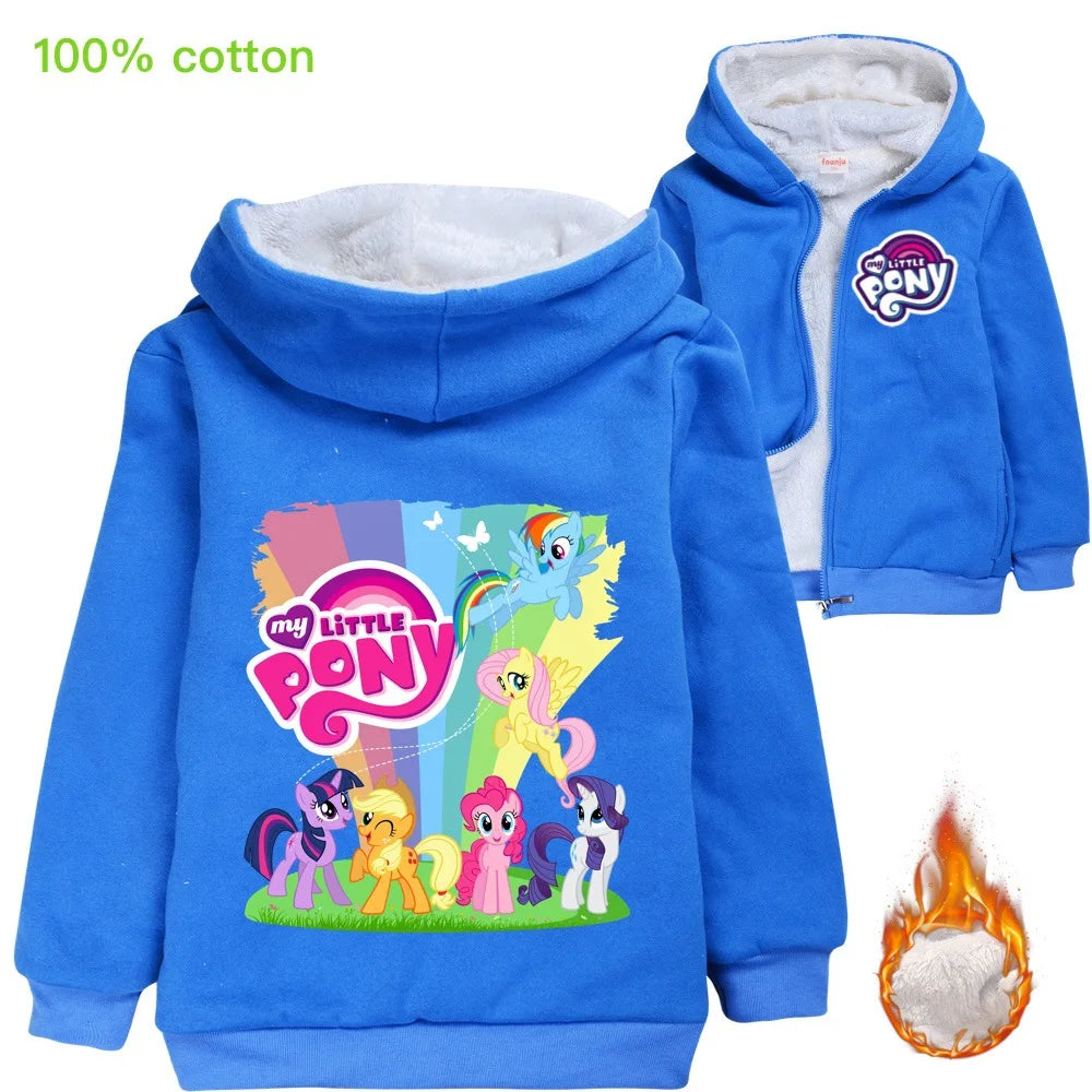 Little Pony Unicorn Winter Hooded Sweater Warm Zipper Jacket for Kids Boy Girl