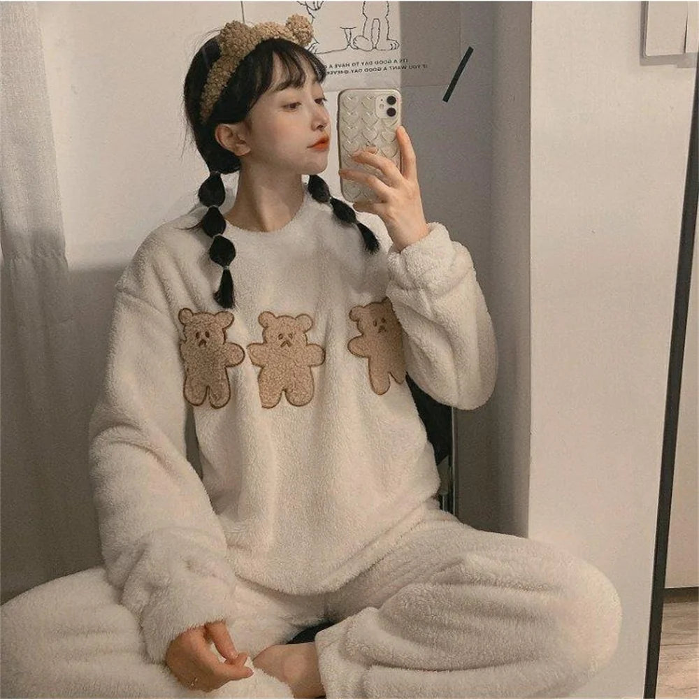 Autumn Winter Pijamas Kawaii Pajama Sets Women Cartoon Sweet Bear  Flannel Sleepwear Girl Pijama Mujer Night Suits Soft Homewear