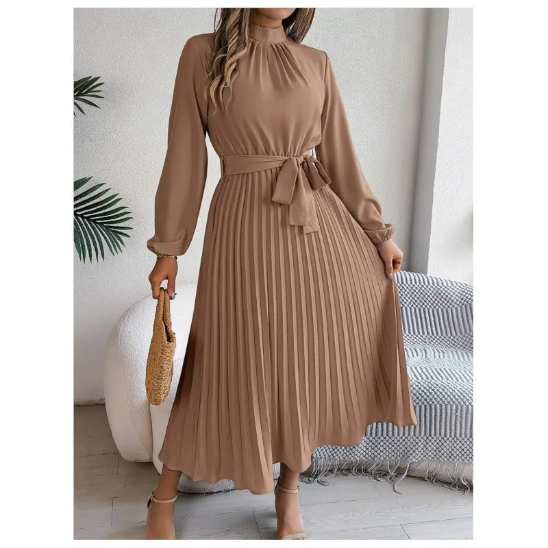 Autumn and winter elegant stand up collar long sleeved waist cinched pleated long skirt small dress women's solid color dress