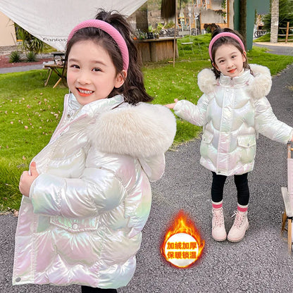 New Winter Girls Jacket Cute Wings Keep Warm Fur Collar Little Princess Coat Hooded Zipper Parka Snowsuit Windproof Outerwear