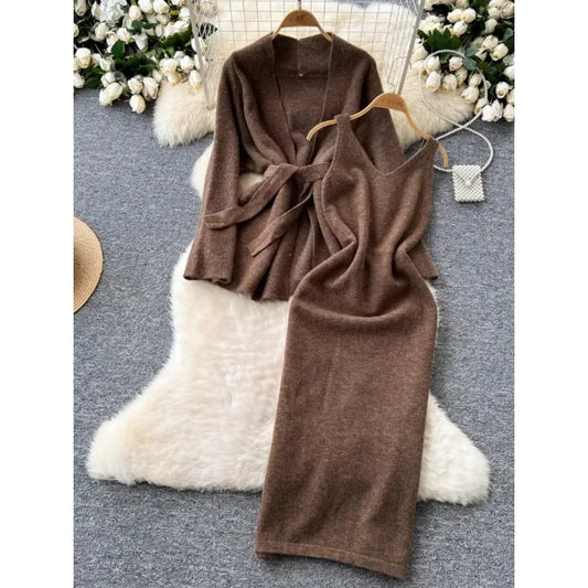 Lazy Style Dress Suit  Women's Inner Base Sleeveless Knitted Dress Strap Waist Long-sleeved Sweater Coat Winter Two-piece Sets