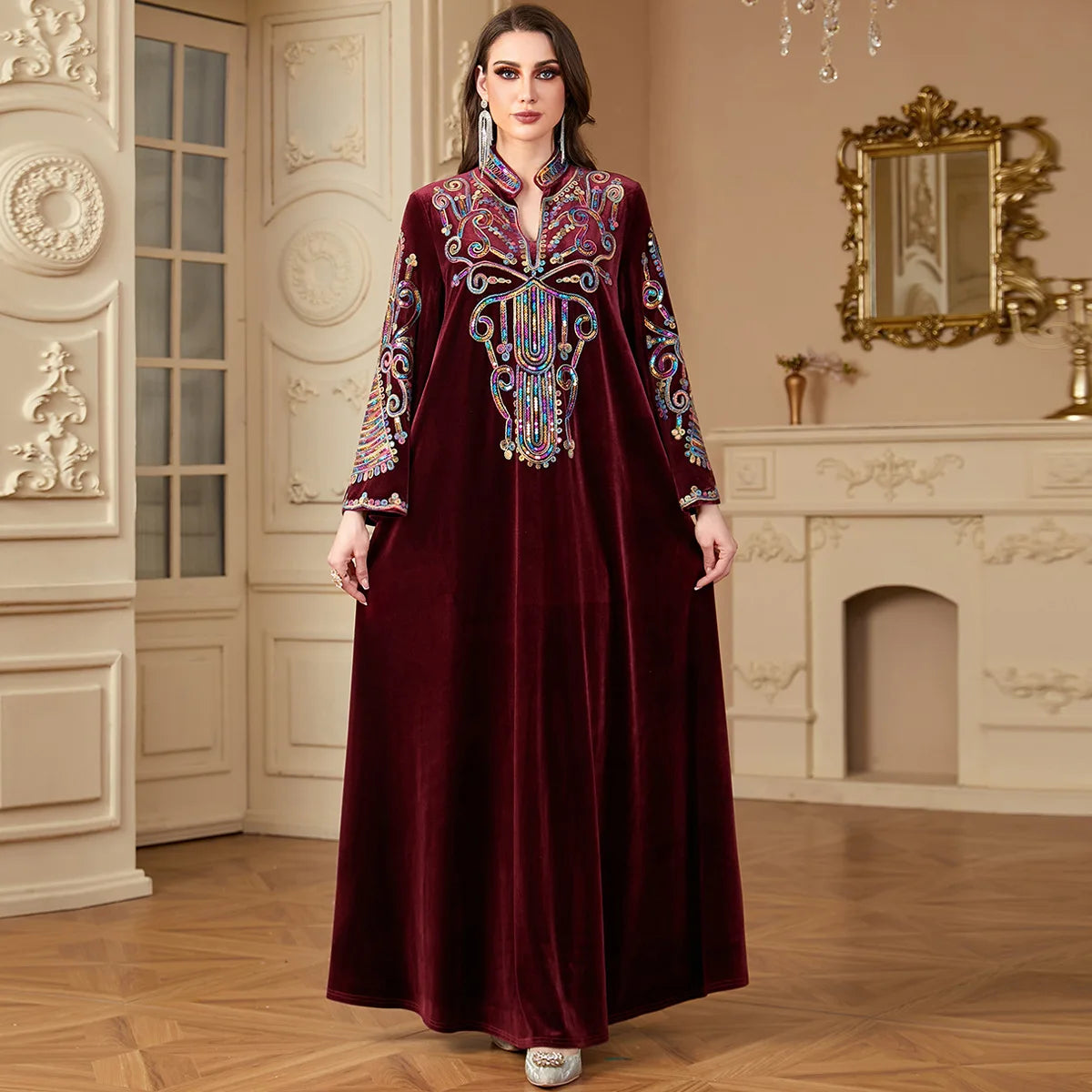 Sequin Embroidery Abayas for Women Eid Muslim Maxi Dress Dubai Kaftan Long Sleeve Winter Velvet Jalabiya Islam Clothing Vestidos