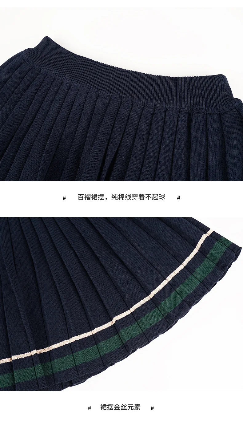 New Winter 2024 Girls sweater suits 2 3 4 5 6  little girl Knit Cardigan jacket + Pleated Skirt baby kids college Navy Blue Set