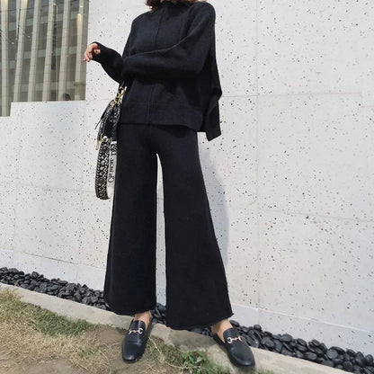 Autumn And Winter Fashion Knit Suit New Elegant Temperament Split Sweater Wide Leg Pants Women's Two-Piece Set