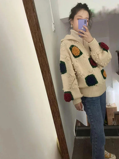 Women Vintage Flower Crochet High Neck Long Sweater Fall Winter Loose Jumper Cozy Sweater Retro Outfit