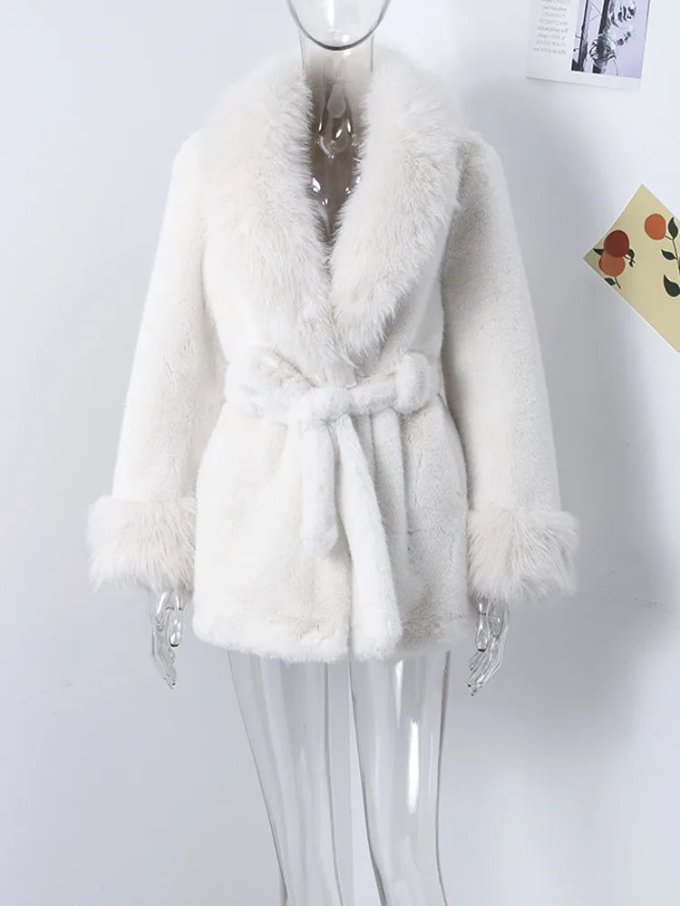 Vintage  Faux Fox Coat Women Luxury Fur Collar  Long Sleeve Oversize With Belt Female Warm Jacket Winter  Lady Plush Top