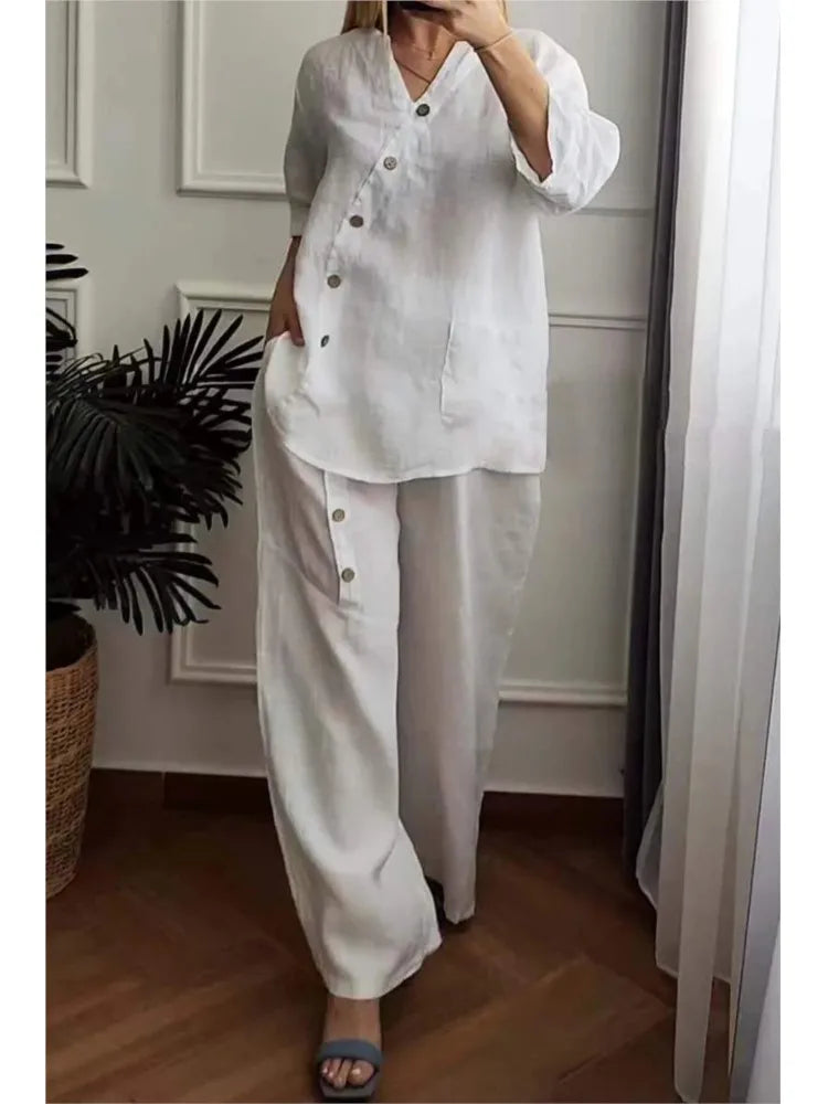 Casual 2PCS Fashion Women Suit Spring Summer 3/4 Sleeve Pocket Button Blouse Loose Pant Sets Work Solid Two Piece Sets