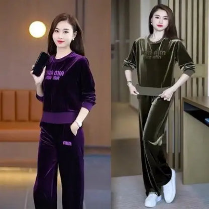 Women's Golden Velvet Sportswear Suit Autumn New Fashion And Casual Round Neck Embroidered Tops Pants 2 Two Piece Set For Women