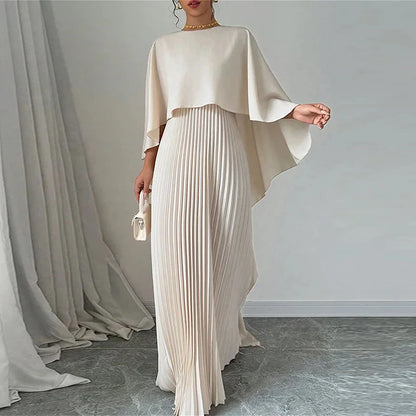 New Spring Elegant Crew Neck Pleated Dresses Women Casual Solid Loose Long Dress Autumn Cloak Sleeves Ruffle Maxi Dress Vestidos