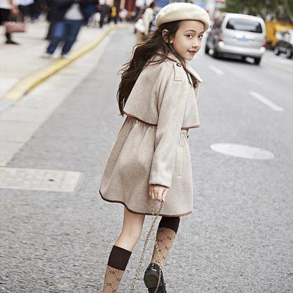 Winter Beige Thick Long Jackets Little Kid's Girls Coat Breasted Woolen Overcoat Cotton Trench Jackets Teenage Girl Coat 2-16Y