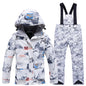 Fashion Printed Skiing Jacket + Bib Pants Snowsuits 2-Piece Boys Girls Hooded Winter Warm Windproof Snowboarding Wear