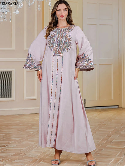 Siskakia Muslim Rope Embroidery Abaya For Woman With Beading O-Neck Elegant Casual Moroccan Saudi Loose Kaftan Dubai Robe