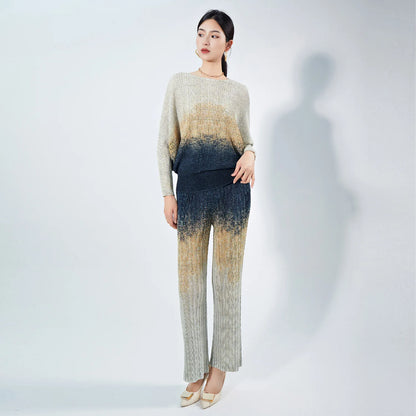 MIYAKE-Women's Printed Round Neck Long-Sleeved Top and Straight-Leg Pants, Pleated Tshirt Sets, High-End Fashion Suit