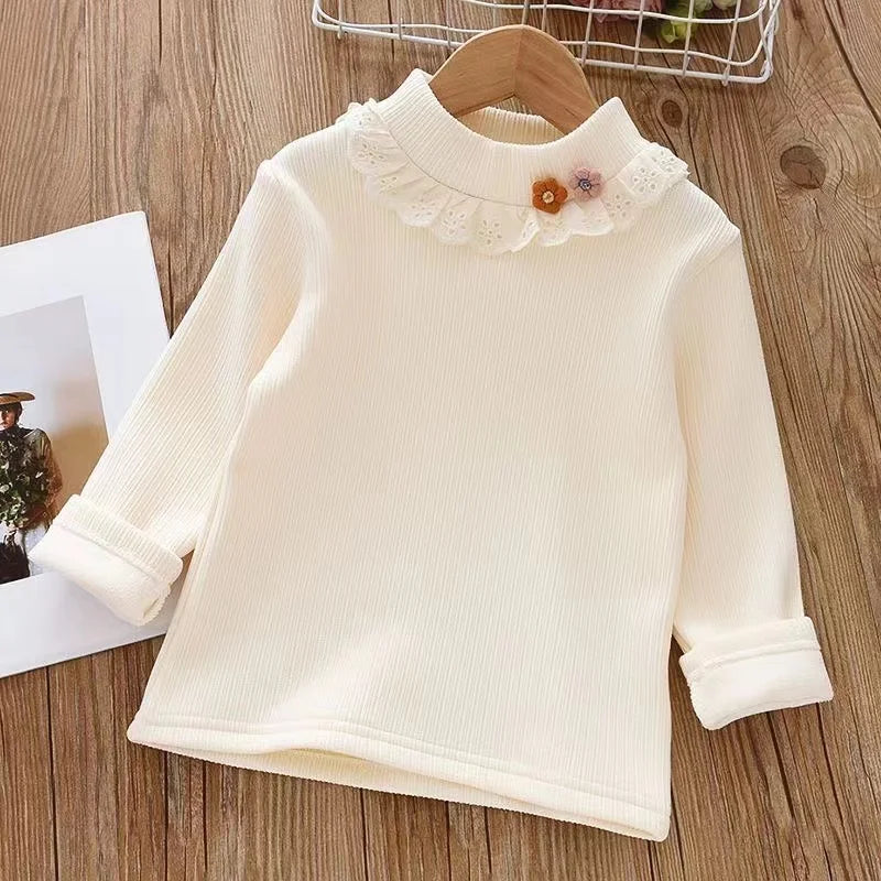 Girls Underlay 2025 New Winter Children's Half High Collar Girl Baby Foreigner Cute Plush Thickened Top Girls' T-shirt Kids