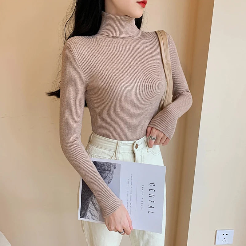 Autumn Winter Women Long Sleeve Knitted Foldover Turtleneck Ribbed Pull Sweater Soft Warm Femme Jumper Pullover Clothes