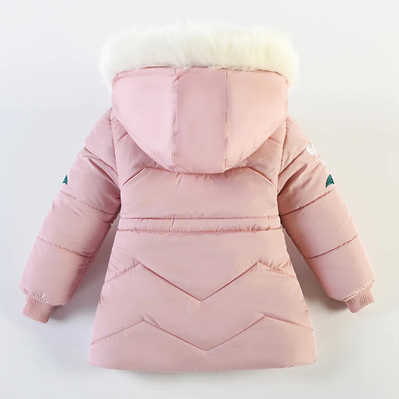 3-6 Years Winter Girls Jackets Fur Collar Fashion Little Princess Coat Warm Hooded Zipper Outerwear Birthday Gift Kids Clothes