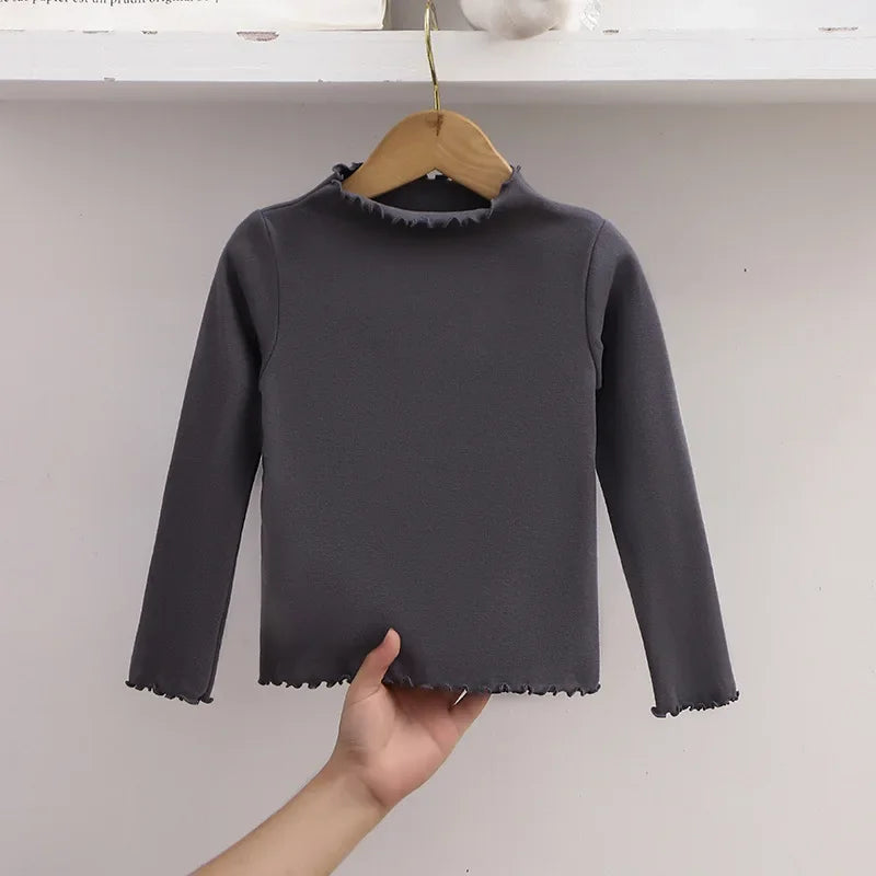 Autumn Winter Fashion Girl Long Sleeve T-Shirt with Ruffle Edges for Kids Soft and Warm Solid Color Children Casual Clothes Tops