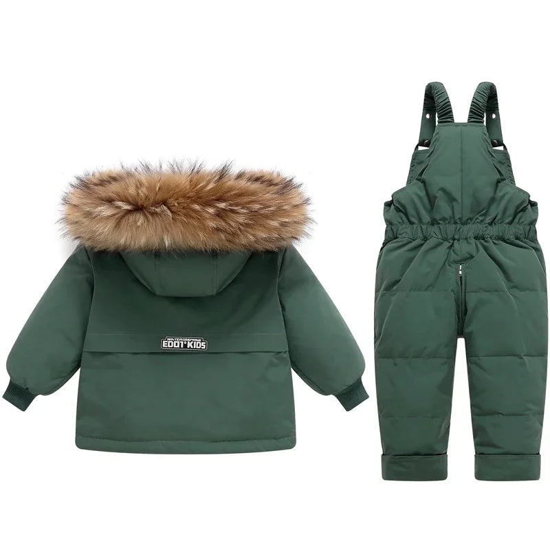 -30 Degree Down Jacket Jumpsuit Winter Overall for Children Clothes Set Baby Boy Parka Real Fur Girl Toddler Thick Warm Snowsuit