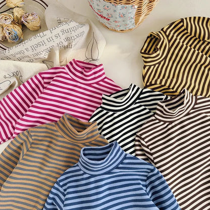 2025 Girls T-shirts Autumn Winter Children Bottom Stripe Tops for Kids High Collar Boys Undershirts Toddler Blouse Baby Clothing