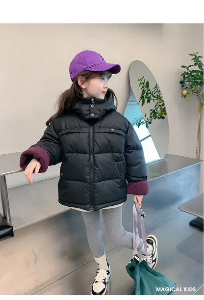 Winter 2025 Girls Thickened Cotton Coat for Childrens Winter Versatile Warm Black Little Girl Cotton Coat