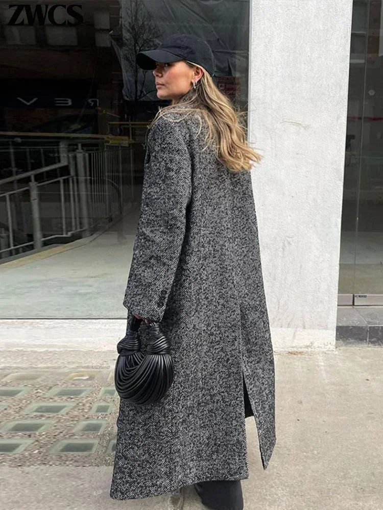 Street Ribbed Woolen Long Coat Women Elegant Double Breasted Lapel Full Sleeve Overcoat Winter New Lady Chic Outwear