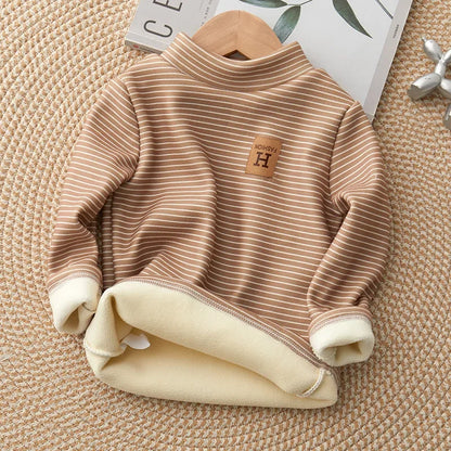 2-10Y Winter Kid's Undershirts Cute Childrens Stripe Bottoming Shirt Warm Boys Fur Lining Top Girls Half High Collar Blouse