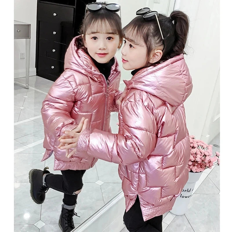 4-12 Years Winter Girls Down Jacket Glossy Waterproof Keep Warm Little Princess Coat Hooded Zipper Outerwear New Kids Clothes