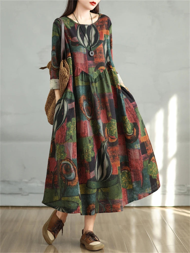 Cotton Vintage Print Floral Dresses 2024 Women Casual Loose Long Sleeve Dress Femme Robe Vestidos Elegant Spring Autumn Clothing