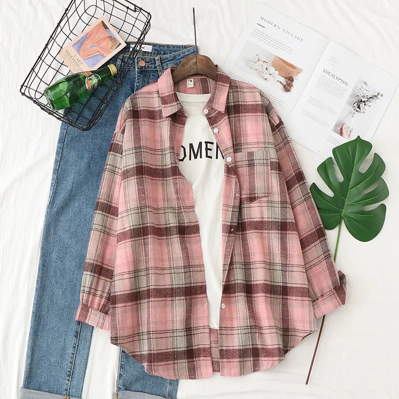 New Fashion Loose Womens Plaid Shirt Fresh College Style Design Blouses And Tops Long Sleeve Casual Female Checked Clothes