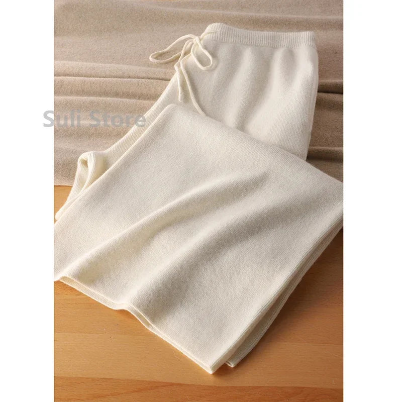 White Woolen Knitted Trousers Wide-Leg Pants Wool Pants Autumn Women's Autumn and Winter Spring and Autumn Straight Casual