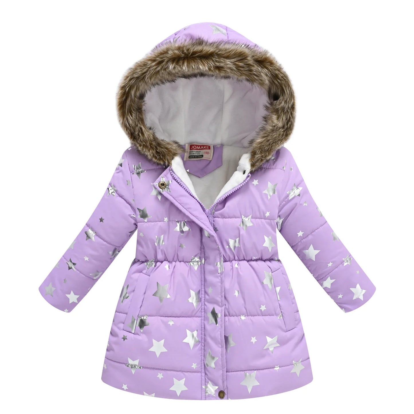 Autumn Winter Girls Jacket Keep Warm Fur Collar Fashion Prints Little Princess Coat Hooded Zipper Girls Outerwear Kids Clothes