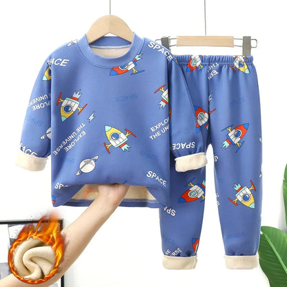 New 2025 Autumn Winter Kids Thicken Warm Pajamas Baby Boys Girls Cartoon Long Sleeve Pyjamas Toddler Sleepwear Clothing Sets