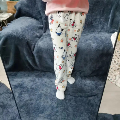 Thick Coral Fleece Pajama Pants Women's Autumn and Winter Flannel Plush Thick Trousers Cartoon Dog Warm Pants