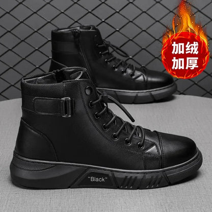 Men Leather Shoes High Top Boots Fashion Motorcycle Ankle Boots Men Winter Boots Man Shoes Lace-Up Botas Hombre Spring Hot Sale