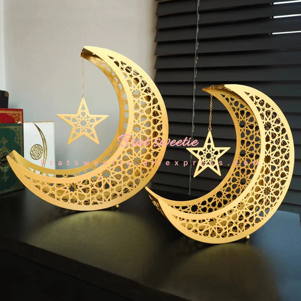 Metal Crescent Moon Candy Dessert Tray Islamic Festival Eid Mubarak Iron Moon Star Plate 2025 Ramadan Kareem Home Decorations