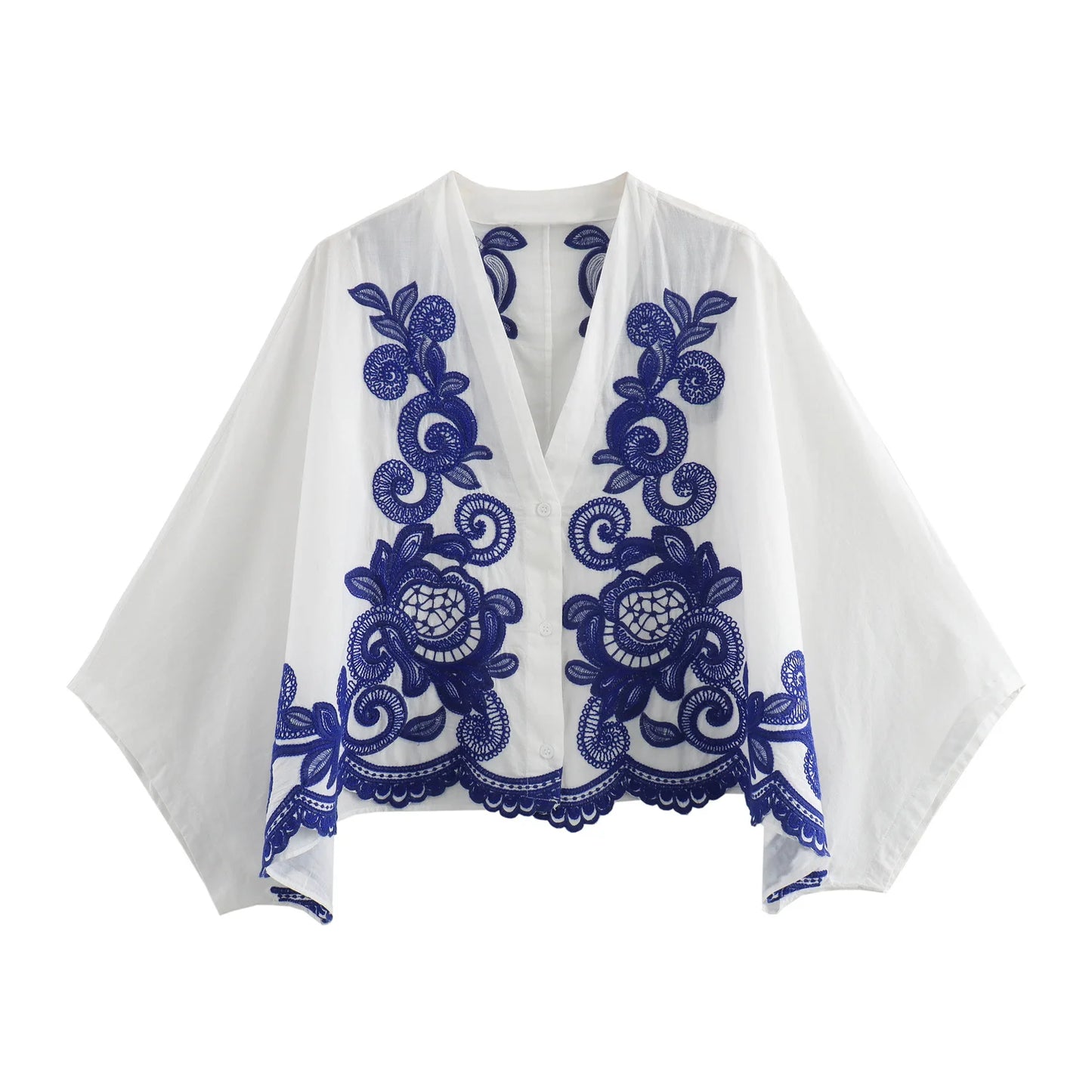 Jenny&Dave Vintage Blue Embroidered V-neck Moroccan Bohemian Blouse Women Top Summer Fashion Ladies Loose Shirt